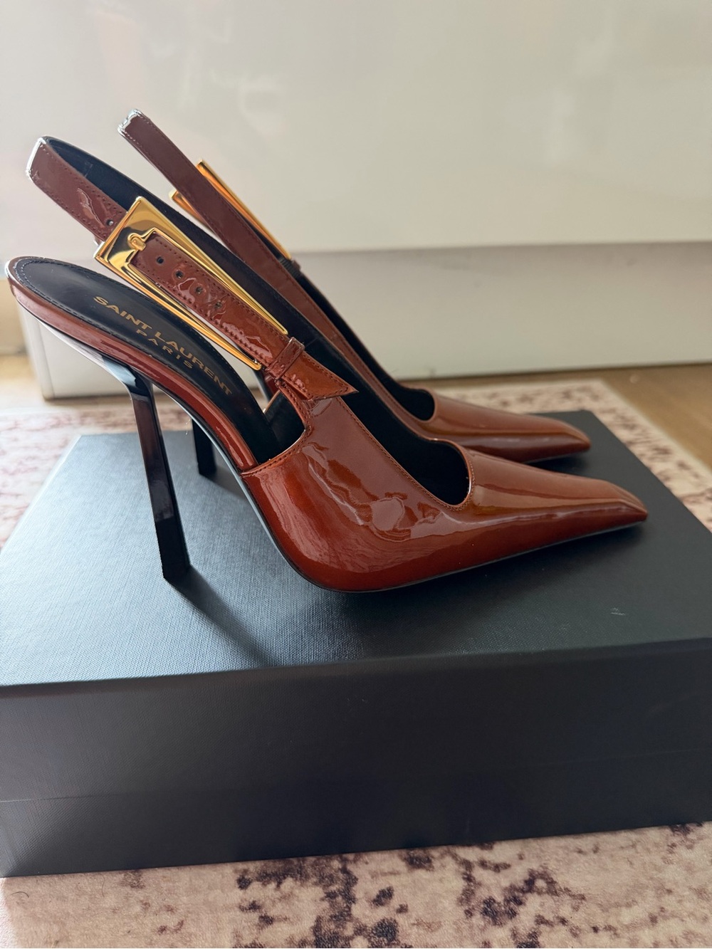 Saint Laurent Chestnut Brown Patent Slingback Pointed Pumps with Gold Buckle